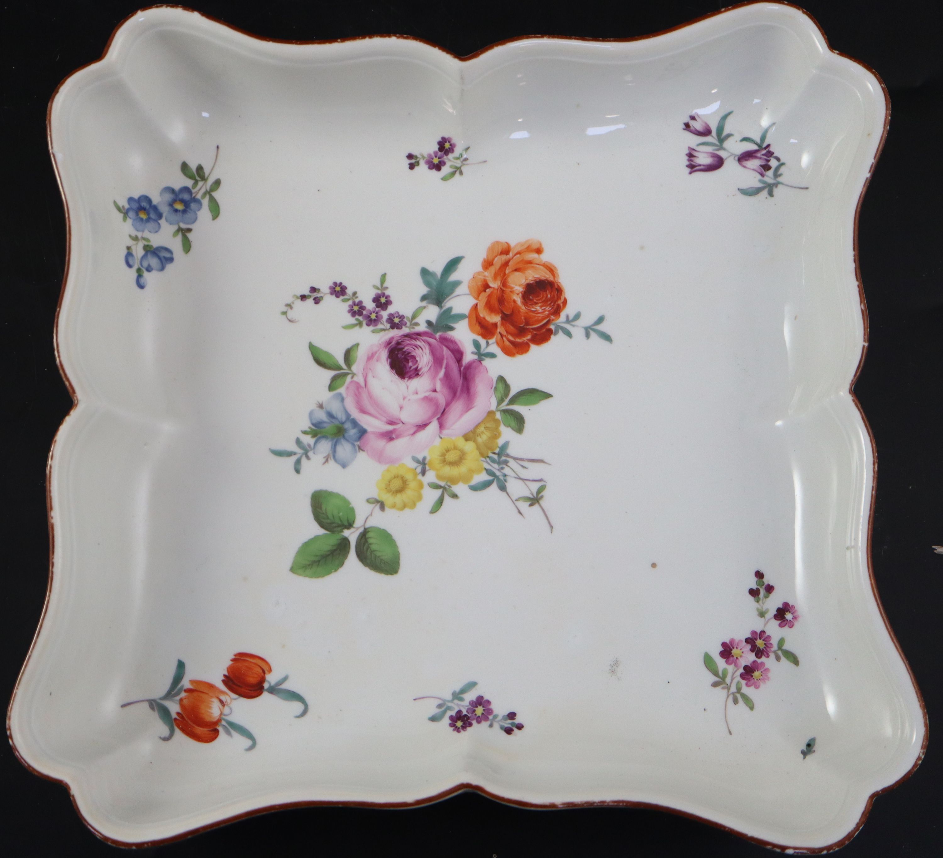 Two Meissen dishes,A Meissen square shaped dish, 26cm and 23.5cm